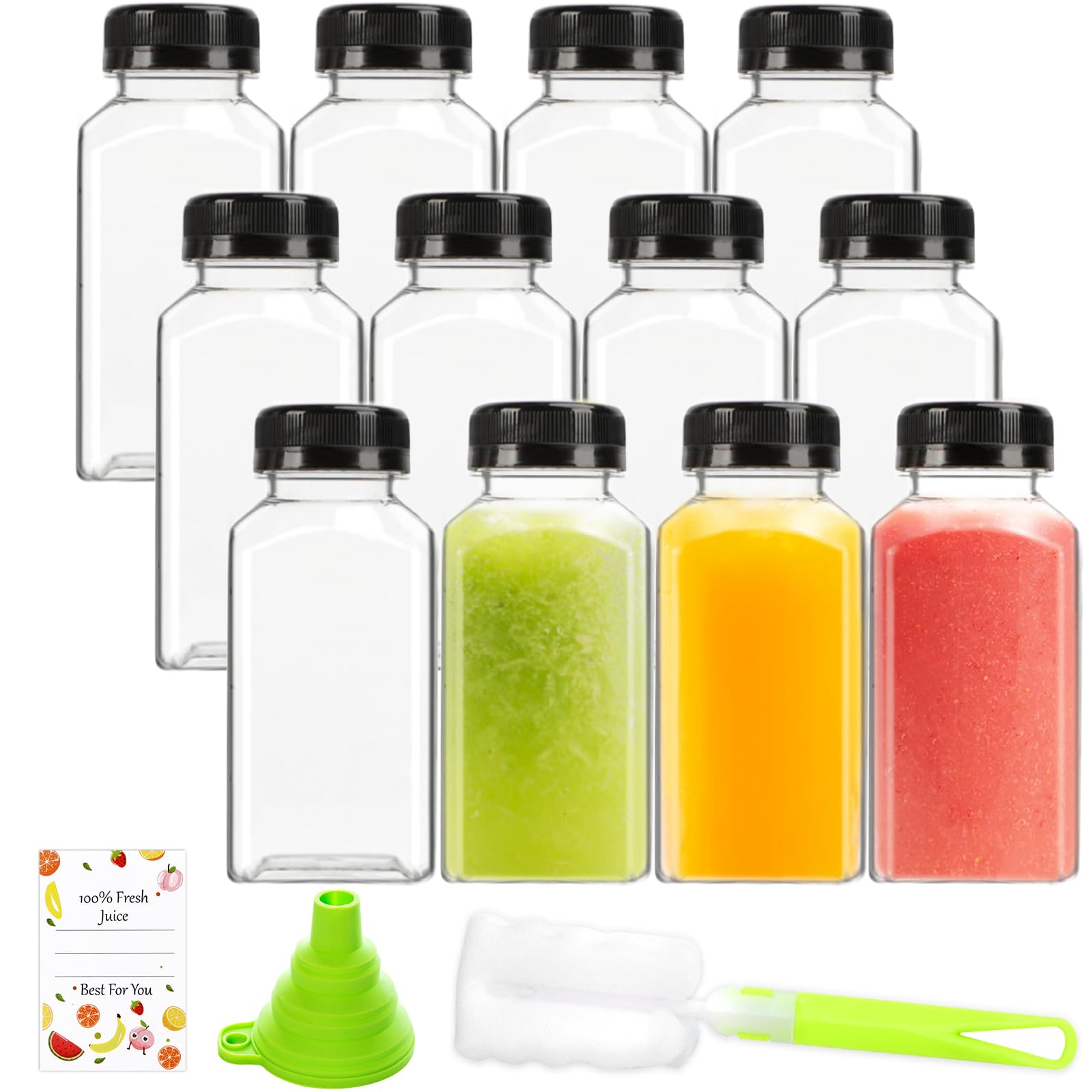 Photo 1 of ztarraum 12pcs 8oz Plastic Juice Bottles, Reusable Juice Containers with Black Tamper Proof Lids, Brush, Funnel and Labels, Clear Water Bottles for Juicing, Smoothie and Homemade Beverages