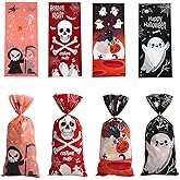 50pcs Halloween Cellophane Bags, Halloween Pumpkin Spider Candy transparent Sweet Treat Cellophane Bags with Twist Tie Trick 