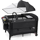 BABY JOY 5-in-1 Pack and Play with Canopy, 4 Level Heights Baby Bedside Sleeper w/Bassinet, U-Shaped Changing Table, Safety Strap, Side Zipper, Portable Bedside Crib Playard from Newborn to Toddlers