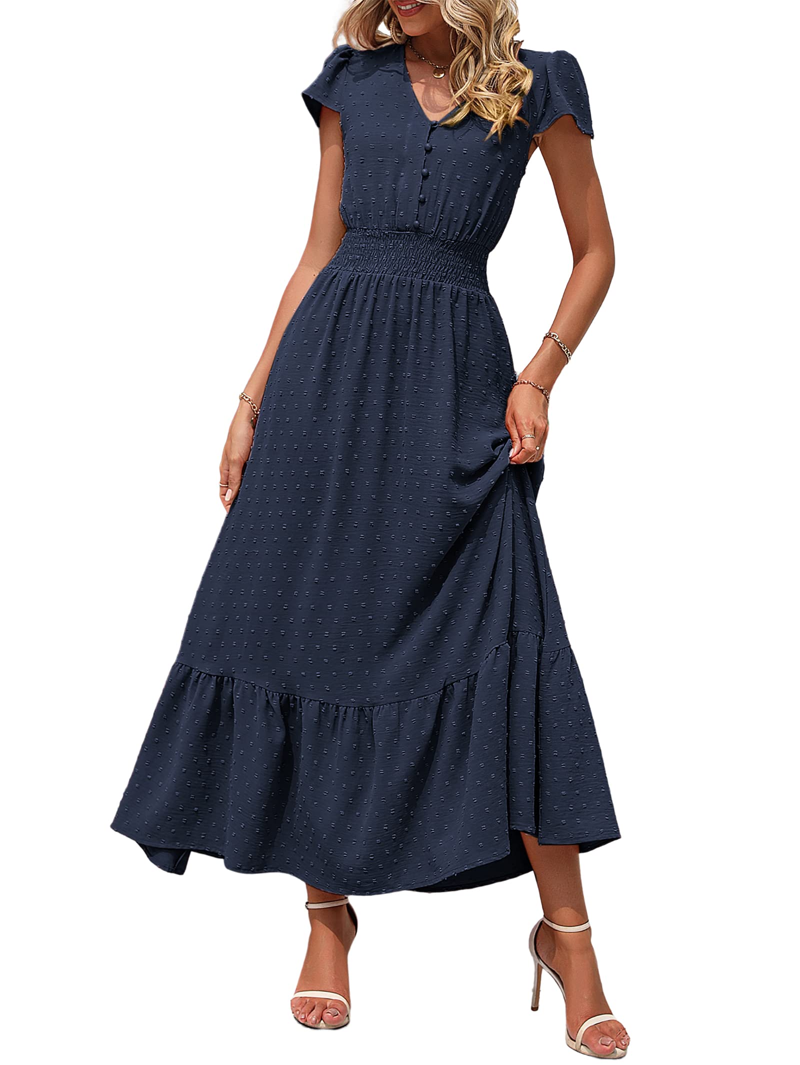 Photo 1 of PRETTYGARDEN Women Summer Boho Maxi Dress Short Sleeve Swiss Dot Flowy Long Dresses V Neck Smocked Waist Beach Party Sundress(Navy, Large)