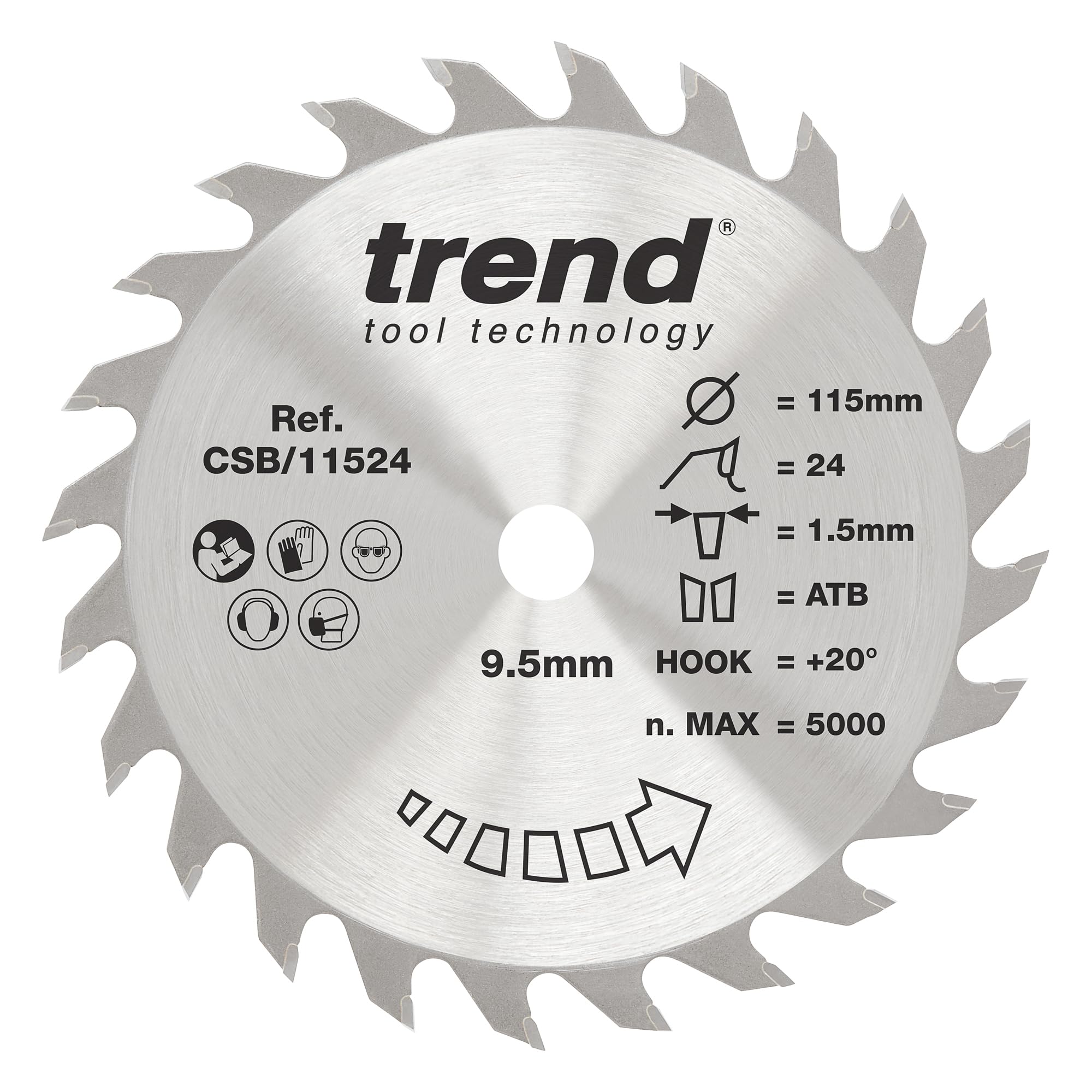 Trend Wood Circular Saw Blade, 115mm Diameter, 9.50mm Bore, 24 Teeth, 1.5mm Kerf, +20° Hook, TCT, Medium Finish, CSB/11524