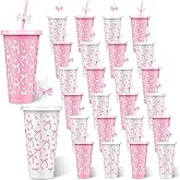 Yoiemivy 24 Pack Pink Bow Plastic Cups with Straw and Lid 24 oz Reusable Coquette Party Plastic Tumblers Holiday Drinking Cups Party Decoration Favors Supplies for Wedding Birthday Baby Shower