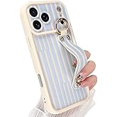 Jefonha Compatible with iPhone 17 Pro Max Case with Finger Hand Strap for Girls Women, Cute Striped Phone Case with Wristband Kickstand, Durable Silicone Protective Cover, White Blue Stripes