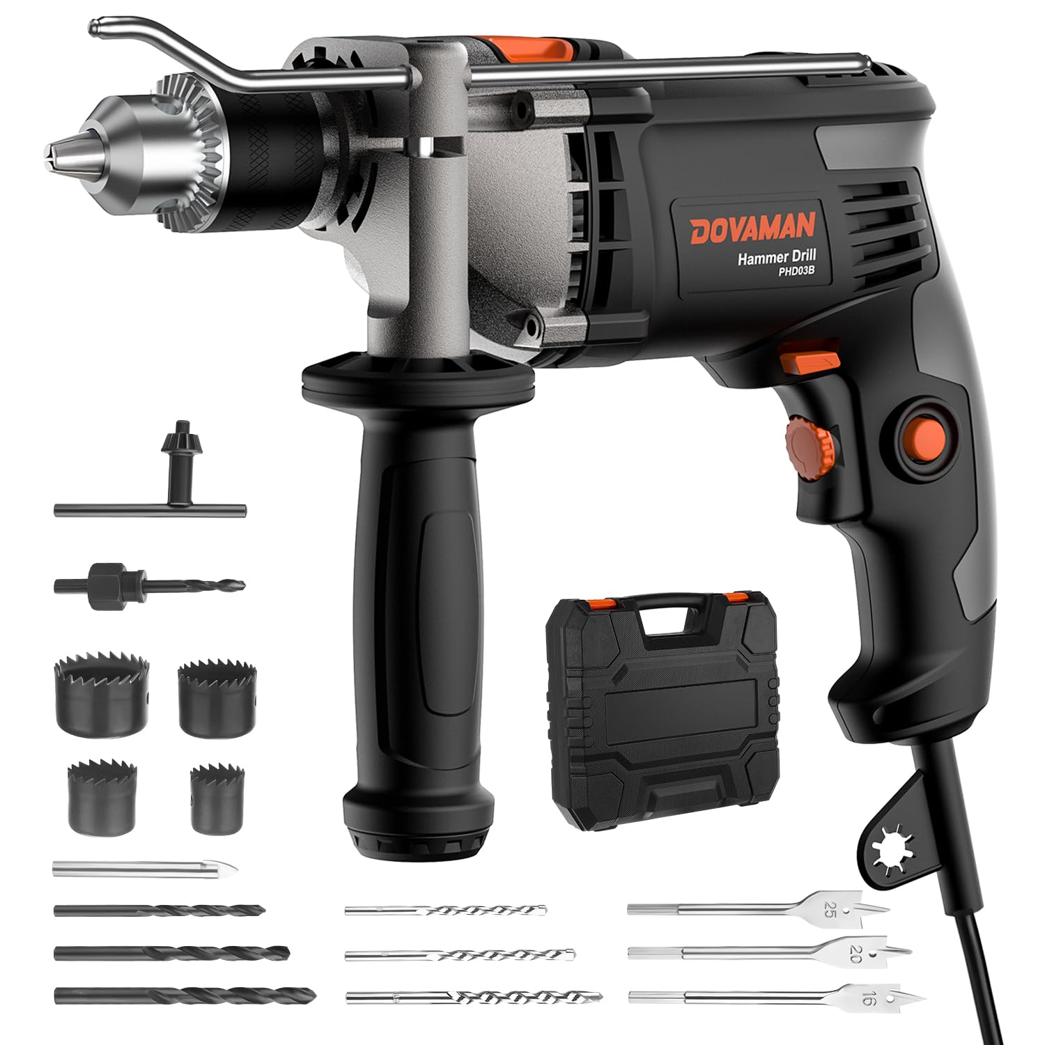 DOVAMAN 850W Hammer Drill, Corded Electric Impact Drill with 13mm Metal Chuck, Variable Speed 0-3000RPM, 2 Modes for Concrete, Brick & Steel, Includes 15Pcs Bits & Carrying Case, Corded Drill for DIY