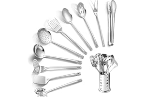 Lazycorner Kitchen Utensils Set, 11pcs Stainless Steel Cooking Utensils Set with Holder, Metal Kitchen Set for Cooking with T