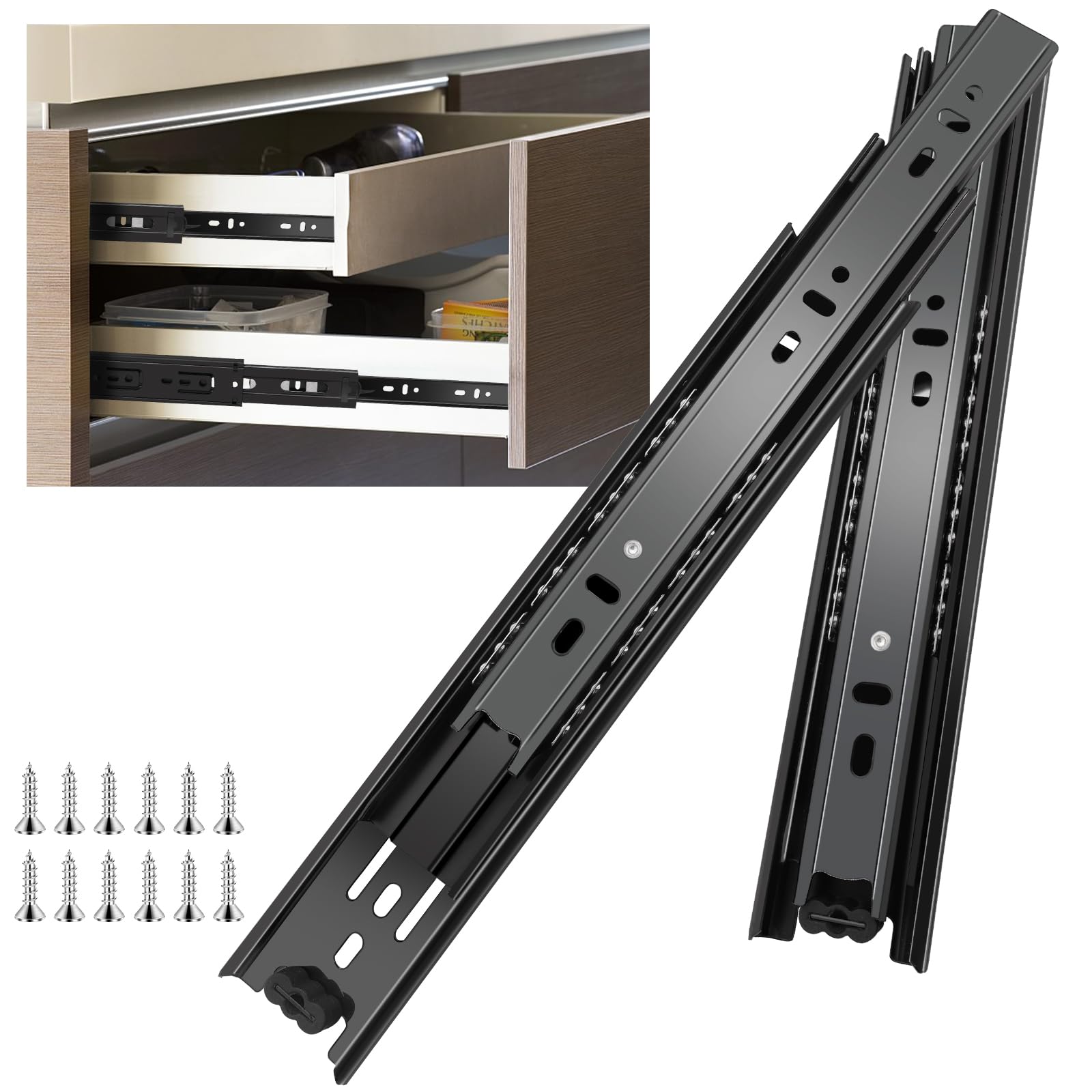 Photo 1 of 12 inch Drawer Slides 1 Pairs (2pcs) Full Extension Ball Bearing Drawer Rails Side Mount 3 fold Metal Dresser Runners for File Cabinet Trash Can Kitchen Wardrobe Glides 12" Black 100 LB Capacity