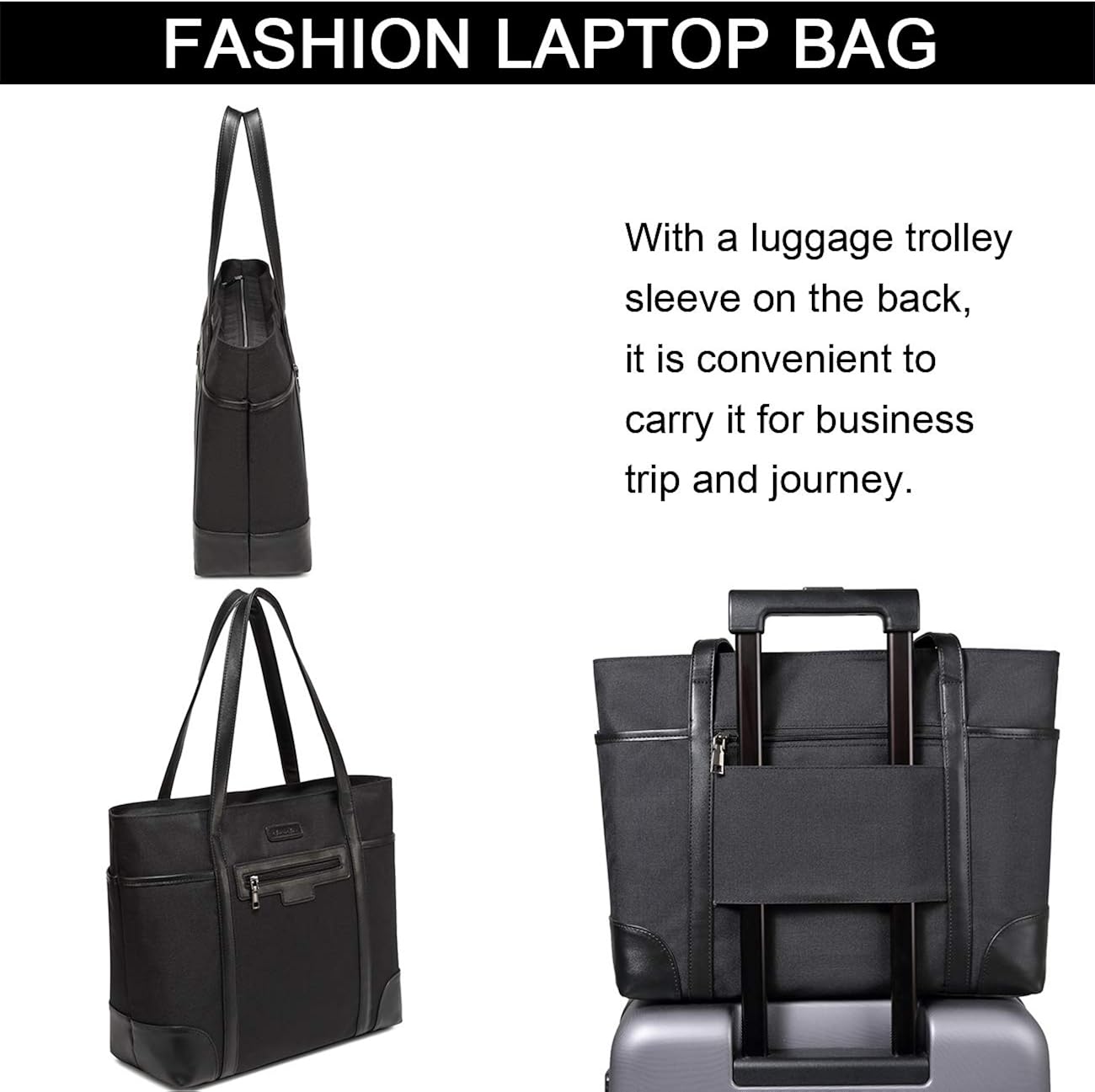 Chase Chic Laptop Bag for Women Waterproof Classic Teacher's Tote Bag 15.6in Computer Work Bags for Women with Luggage Strap(Black) - Image 5