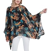 Wiiiwish Women's Loose Solid Long Batwing Sheer Chiffon Caftan Wrap Poncho Tunic Top Topper
