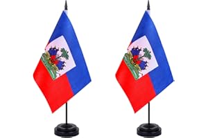 WXTWK 2 Pack Haiti Flag Haiti Deluxe Desk Flag Set - Mini Small Haitian Table Office Flags with Black 12" Solid Pole Stand Base Classroom Meeting Desktop Decorations