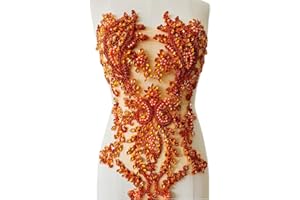 PLUNE Handmade Shiny Rhinestones Applique handsewing Beaded Sequins Crystal on lace Trim Patches for Prom Dress Clothing Decorative Accessories (Orange)