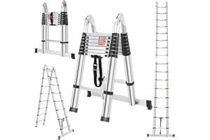 DEZEX Telescoping A Frame Ladder,16.5FT Aluminum Lightweight Extension with 2 Triangle Stabilizers and Stabilizer Bar Wheels,Multi-Purpose Collapsible Ladder for Outdoor Work