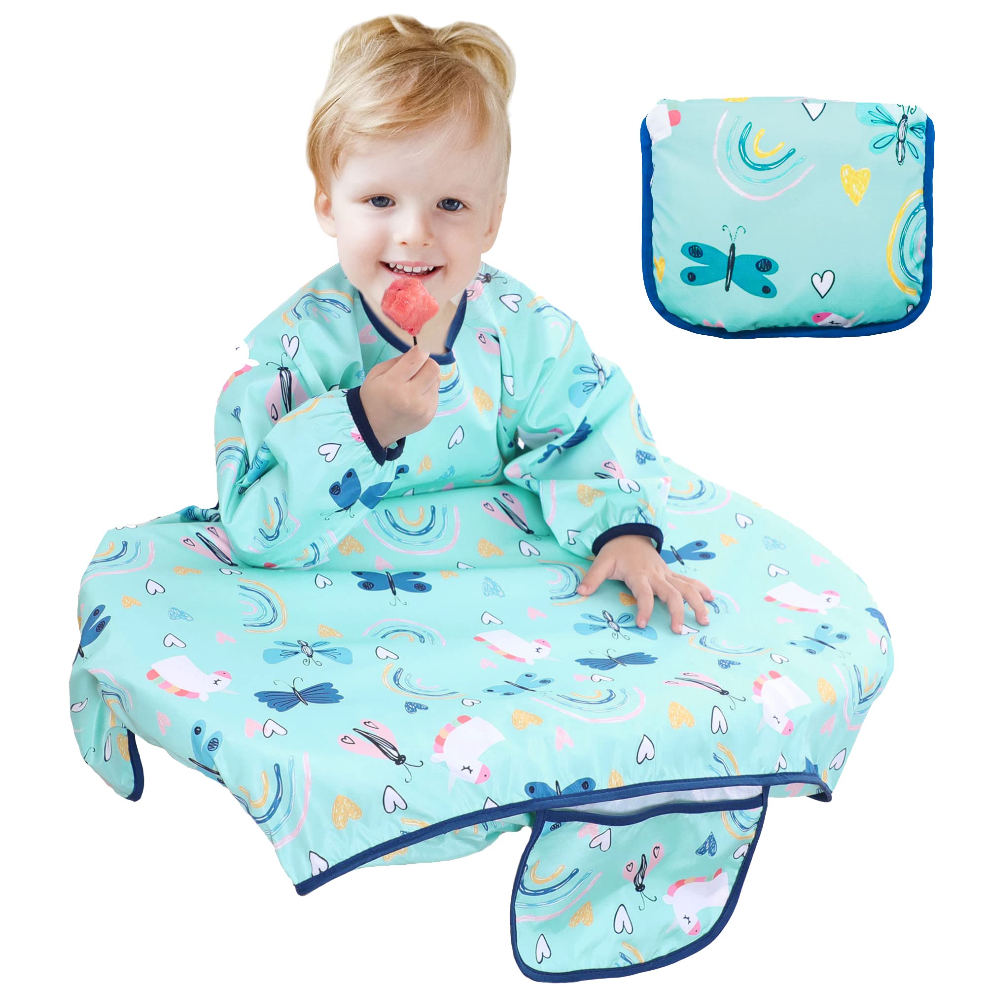 JinBei Baby Bibs with Sleeves,Toddler Feeding Bibs Coverall Long Sleeve Baby Apron for Painting,Waterproof Adjustable Wipe Clean Attaches to Highchair Weaning Bibs for Infant 6 Month to 5 Years,Blue