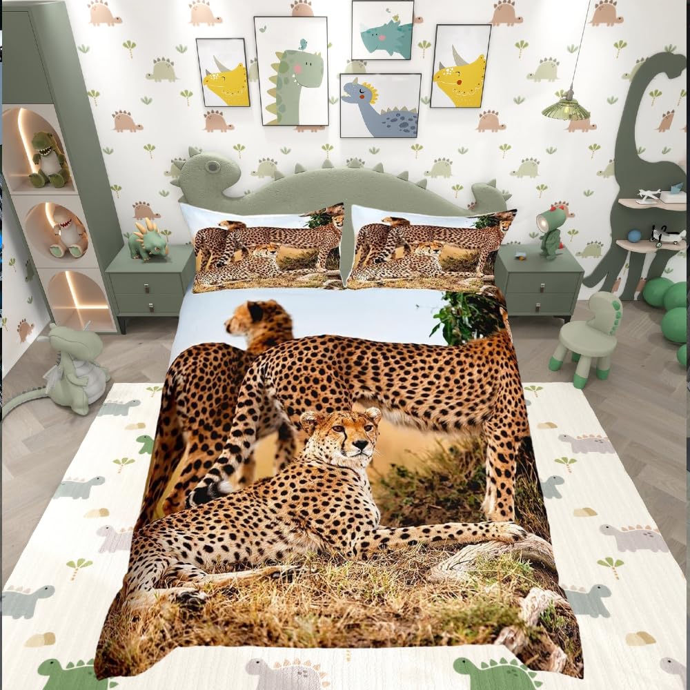 Loussiesd Safari Wildlife Duvet Cover Set Single Size,Cheetah Animal Bedding Set,Field Wild Wood Teen Boys Decorative 2 Piece Comforter Cover with 1 Pillow Shams,Tan Black Lightweight Microfiber