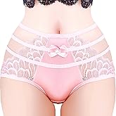 Erlemetes Women's Satin Panties Sexy High Rise Hollow Out Lace Silk Underwear Stretch Soft Silky Seamless Briefs M-XL