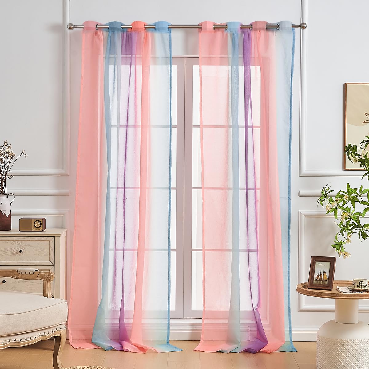 NETMEO 2 Panels Sheer Curtains, Girls Room Curtains, Bedroom Decor Unicorn Curtains, Living Room Translucent, Suitable for Kids (Pink Blue Purple, W52×L63×2P)