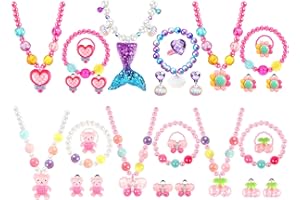 BTHRORO 6 Sets Kids Jewellery, Princess Jewelry Mermaid Butterfly Bear Heart Flower Cherry Beaded Necklace Bracelet Ring Clip-on Earrings Party Favors Christmas Birthday Gifts for Girls Toddler