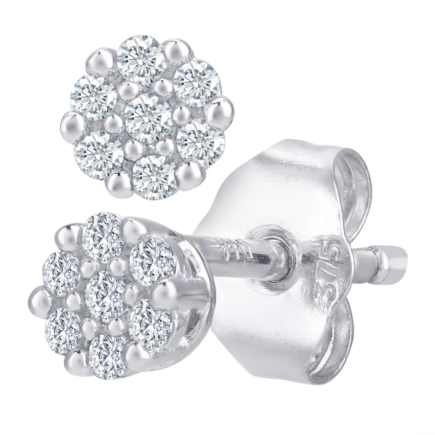 9ct White Gold Earrings – Diamond Cluster Women’s Earrings - by Elegano