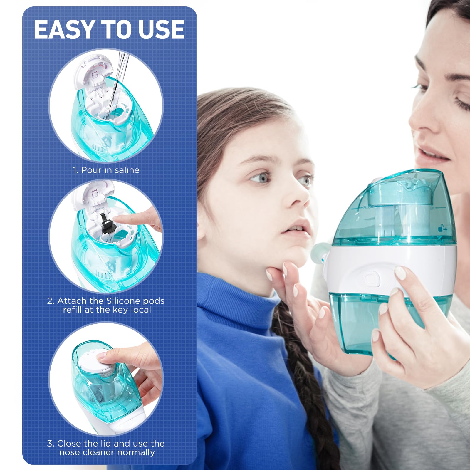 FireAnt 12 Pack Silicone Saline Pods Refills and 100 Count Salt Packets Set, Compatible with Navage Nasal Care. Includes 100 Saline Packets Sinus Rinse + 12 Reusable Salt Pads in Black & White & Blue