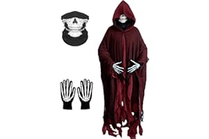 GOWPUG Grim Reaper Costume Halloween Horror Cloak with Hood for Men Vintage Scary Hooked Cloak Set, Skull Mask & Skeleton Gloves