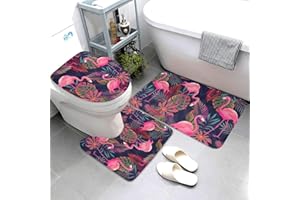 Jbofyee Tropical Pink Flamingos Palm Leaves 3 Piece Bathroom Rugs Set, Bath Mat + Contour Mat + Toilet Seat Cover, Non-Slip Soft Microfiber Bathmat for Tub Shower Room Decor, Machine Washable