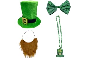 VAWCORNIC Saint Patrick Day Costume Accessories Set Includes Top Hat, Beard, Bow Tie and Necklace Leprechaun Green Dress-up Costume for St.Patrick's Day Decoration Party Supplies Irish Green Parade Costume