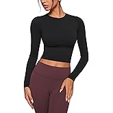 INGIA Womens Long Sleeve High Round Neck Crop Yoga Shirts Workout Slim Fit Casual Yoga Gym Tops