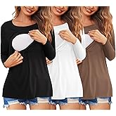 Ekouaer Women 3 Packs Nursing Shirts Long Sleeve Breastfeeding Tops Round Neck Postpartum Clothes Double Layer Maternity Tee