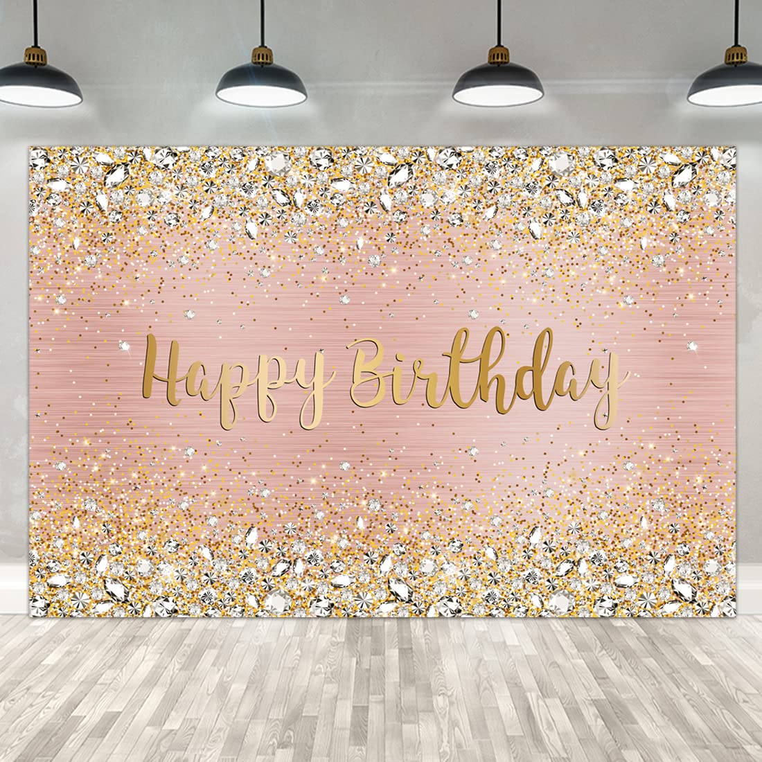 Photo 1 of Happy Birthday Backdrop Diamonds Shining Bokeh Pink and Gold Dot Glitter Sparkle Photography Background for Women Girls Lady Sweet Spots Party Decorations Supplies Banner Photo Props Vinyl 10x7ft
