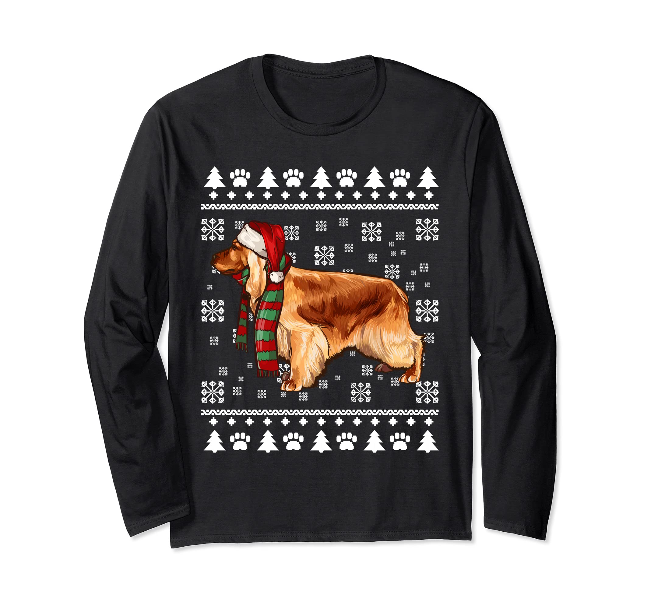 English Cocker Spaniel Dog Santa Hat Xmas Ugly Christmas Long Sleeve T-Shirt