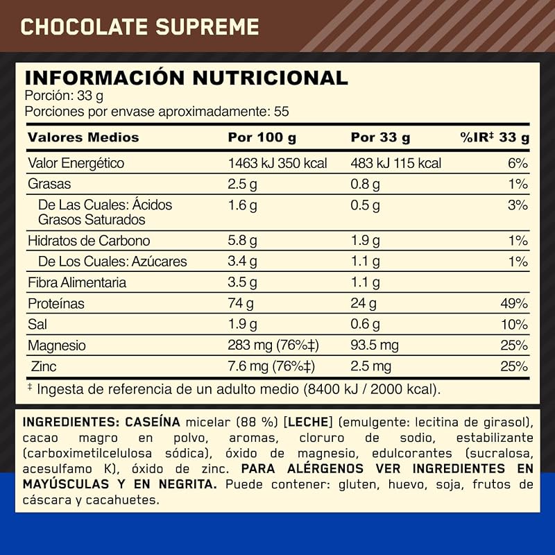 Proteína em Pó 100% Caseína Padrão, Sabor Supremo de Chocolate, 1,82kg, 55 Doses