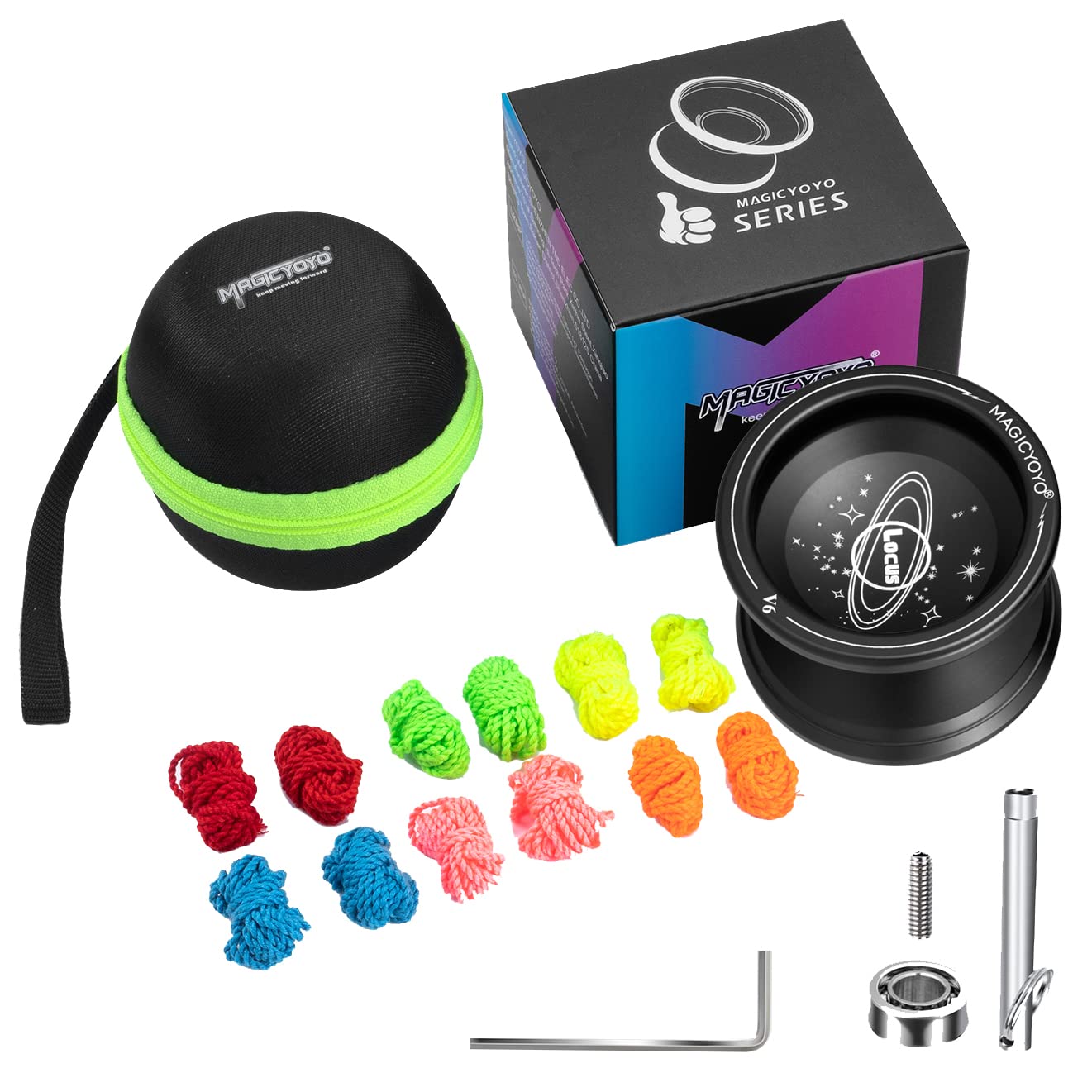 Pack of 2 Responsive YoYos - Plastic Yoyo K1 Blue &Alloy Yoyo V6 Black Dual Purpose (Unresponsive Bearing Kit), with 2 Yoyo Bags + 24 Strings and 1 Yo-Yo Glove Gift