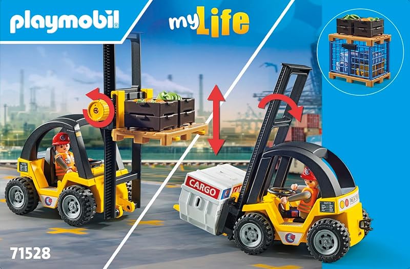 Promo Pack 71528 Chariot élévateur avec matériel - Pour déplacer des charges lourdes - Comprend un transpalette et des palettes avec des colis et des sacs de café- Univers myLife - Dès 4 ans