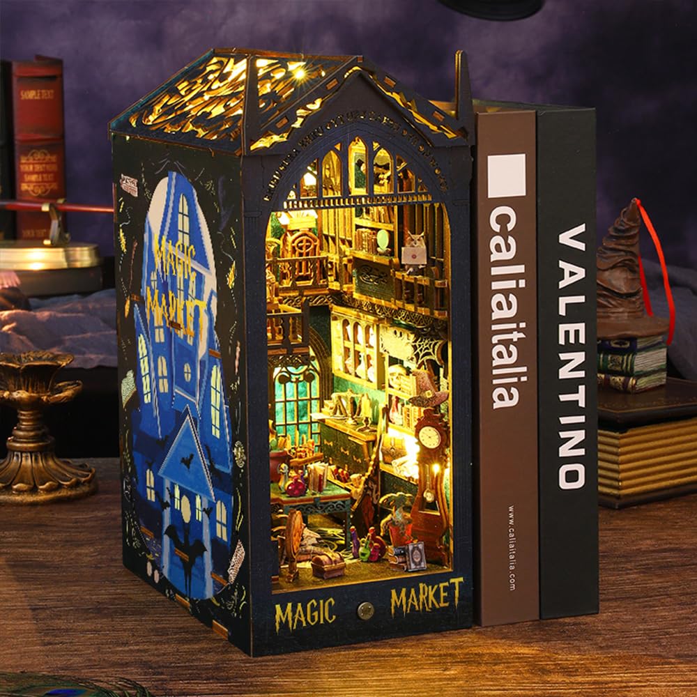 DIY Book Nook Kit, DIY Dollhouse Booknook, Library Booknook 3D Wooden Puzzle Bookends, Book Nook Miniature Kits with LED Light for Adults(JTSL-09)