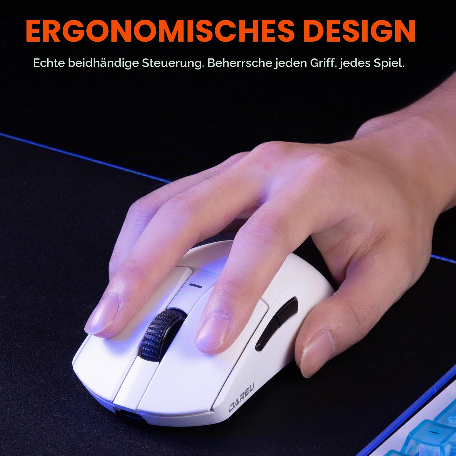 DAREU A950GM 60g Ultralight Gaming-Maus, mit PixArt PAW3395 Gaming Sensor, 100 Millionen Klicks, 26000 DPI, BT/2,4 GHz/Kabelgebunden, 500mAh-Akku, 30 Minuten Schnellladung, für PC/Mac, Weiß 8