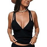 CUPSHE Women's Tankini Top Deep V Neck Swimsuit Crisscross Adjustable Straps Swimwear Top Only Ruched Bathing Suit