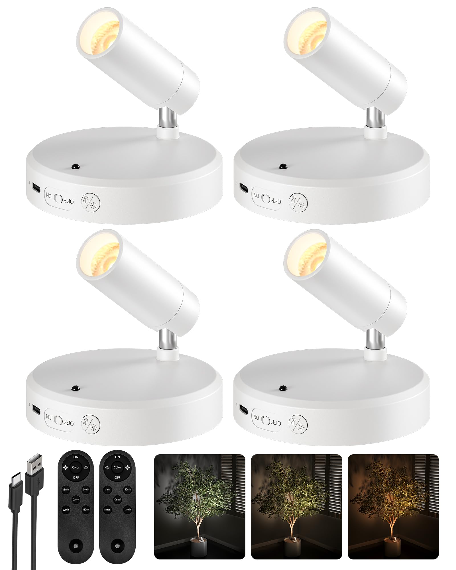 EZVALO Spot Lights Indoor,5500mAh Rechargeable Plants Spotlights with Remote,Wireless Mini Art Accent Spot Lights with Timer＆Dimmable, 3CCT, Uplights Indoor for Plants,Display,Artwork(4Pack-White) Image