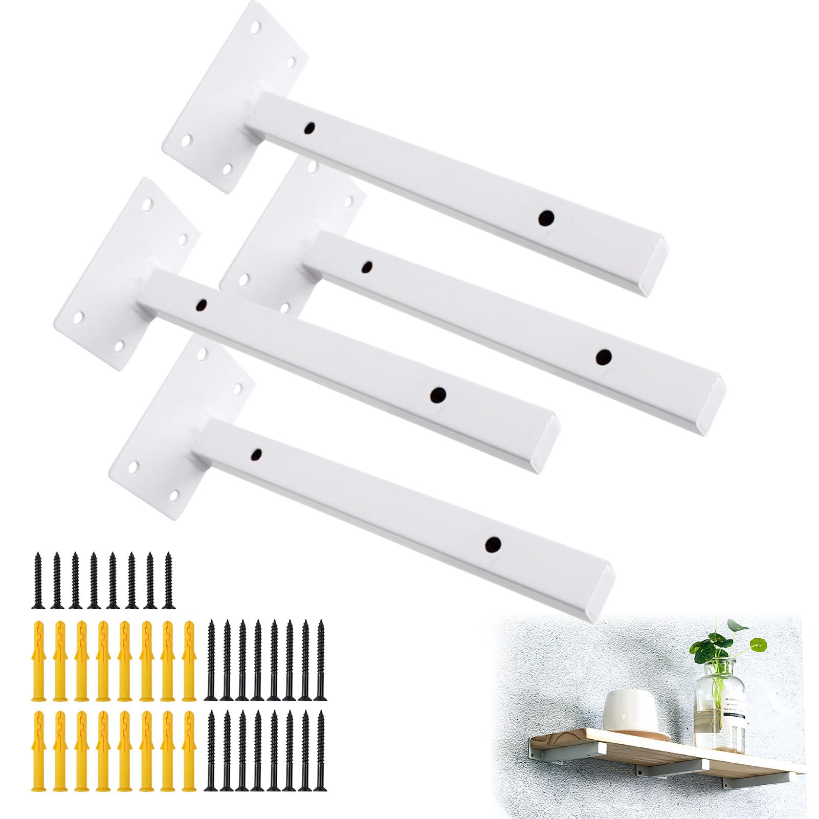 4 x 25 cm Shelf Brackets for Wall Mounting, Heavy Duty Corner Brackets, Industrial Floating Brackets, Retro Metal Fixing Trays with White Screws