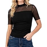 Capoda Womens Sexy Mesh Sheer Top Short Sleeve Mock Turtleneck Tops Ruched Going Out Summer Shirts See Through Slim Blouse