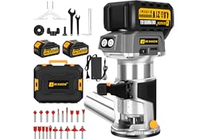 JEXUGK Brushless Cordless Wood Router, 21V Compact Trimmer Palm Router with 2x4.0Ah Battery, Portable Small Ruteador Para Madera 6 Speed with 20 PCS 1/4" Bits, Fresadora Para Madera for Woodworking