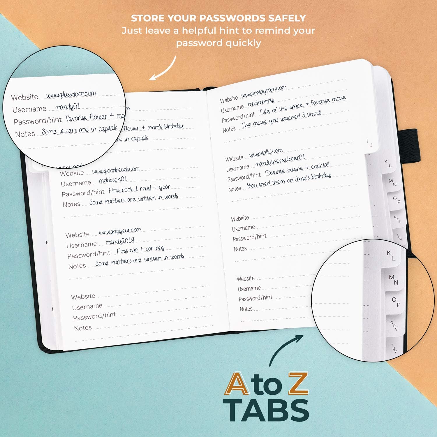 Clever Fox Password Book with alphabetical tabs. Internet Address Organizer Logbook. Small Pocket Password Keeper for Website Logins (Black) - Image 3