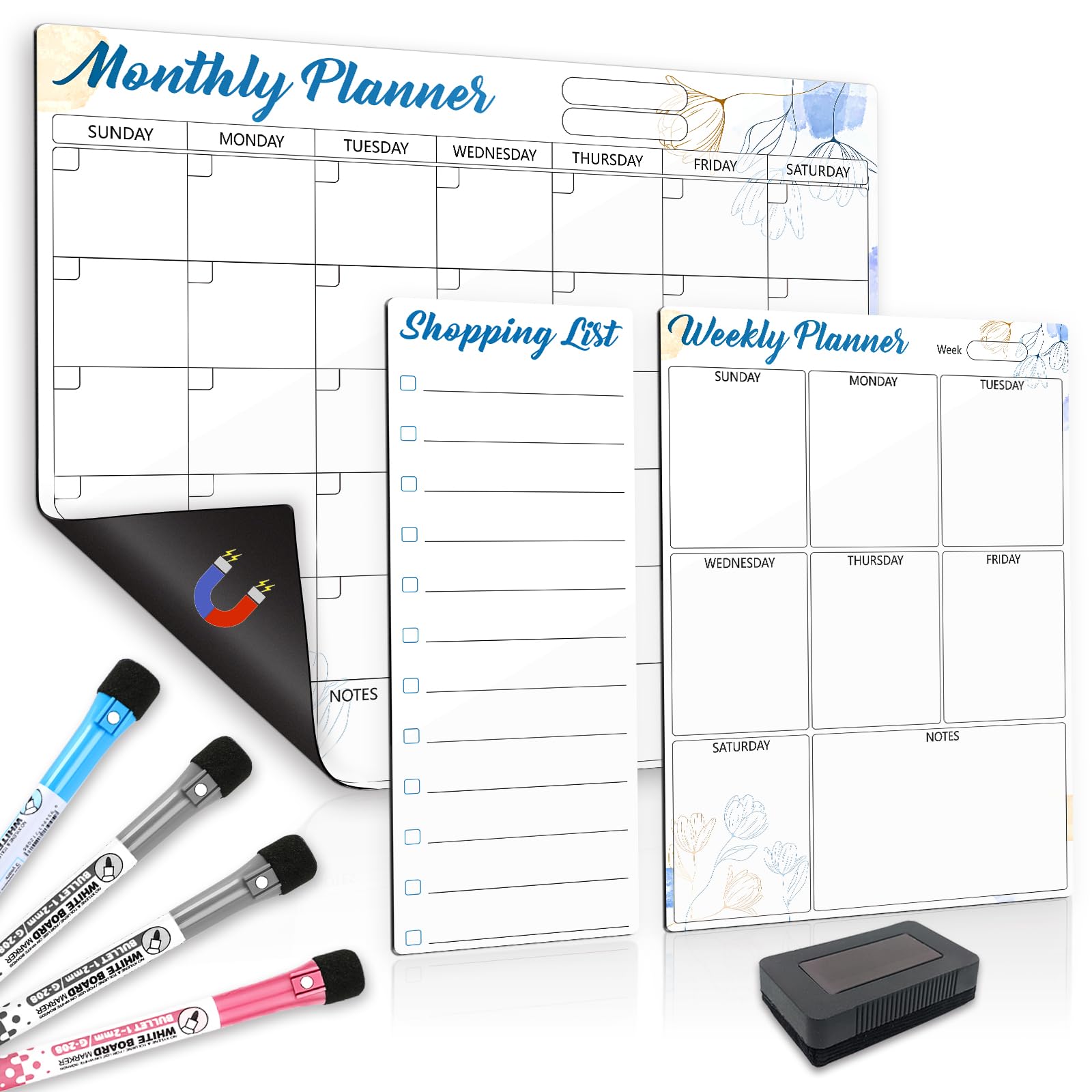 Sliandtelly Magnetic Whiteboard Planner for Fridge, 3 Pcs Monthly and Weekly Planner & Shopping List for Refrigerator as Meal Planner Reminder, Home Kitchen Dry Erase Calendar Boards, 4 Pens &1 Eraser