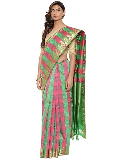 Womens Kanchipuram Silk Saree with Running Blouse (CCMYSS10387_Pink & Green)