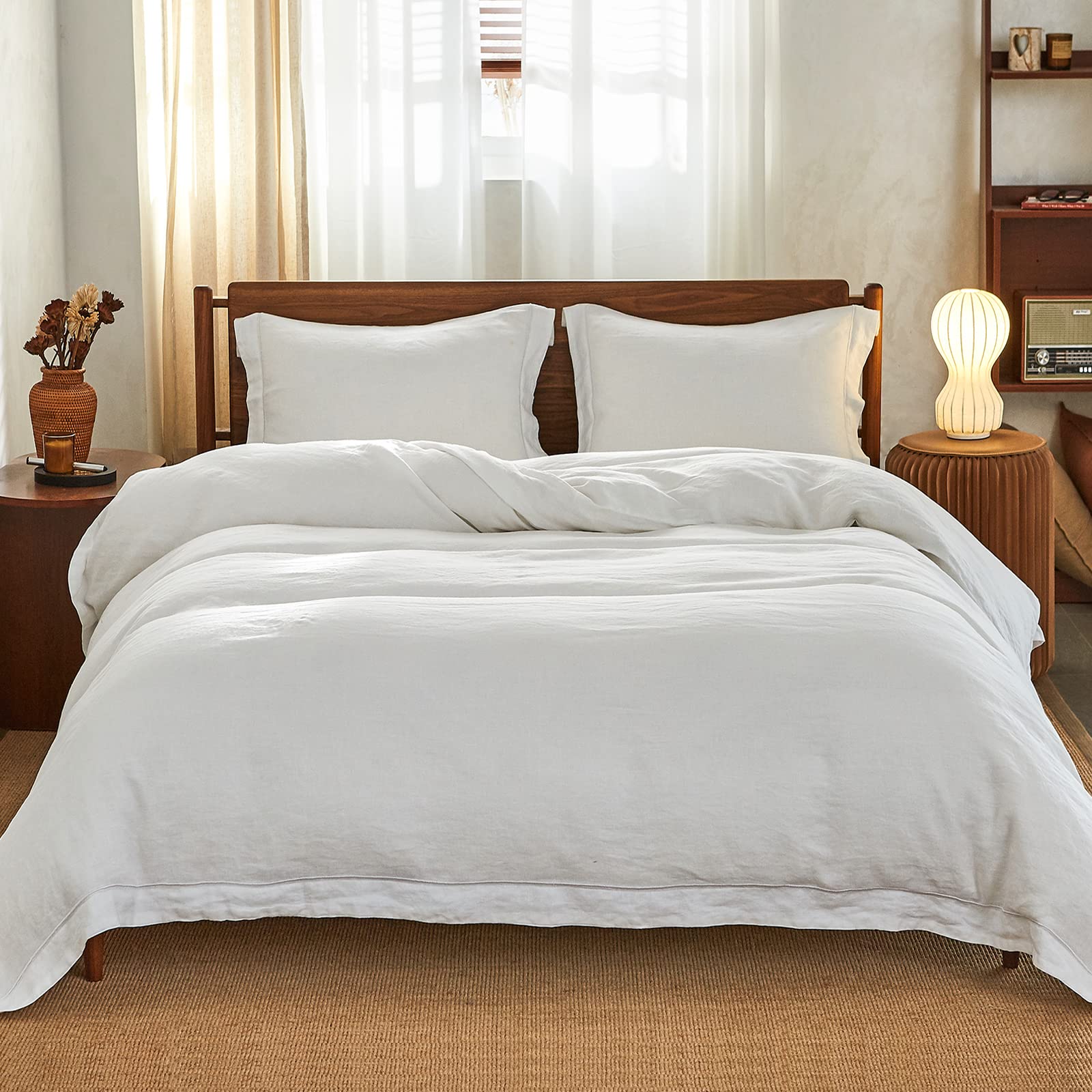 Simple&Opulence Super King Duvet Cover Sets, 100% Washed Linen Bedding with Embroidery Pillowcases, Warm Cozy Quilt Cover with Button Closure, 260cm x 220cm, White — image 1