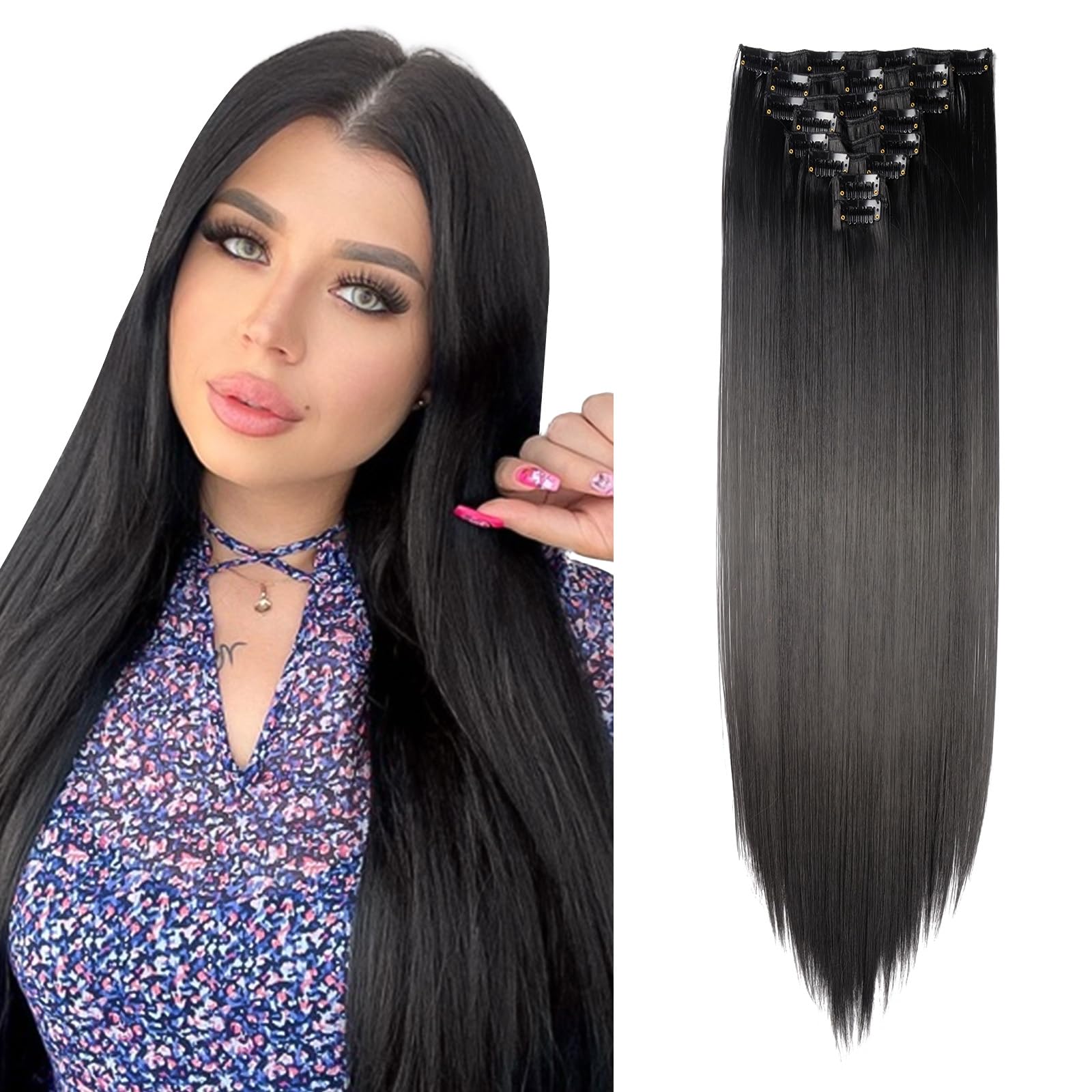 23" Long Straight Clip in Hair Extensions Full Head 8Pcs 18Clips Ombre Colorful Synthetic Hair Clip in Hairpiece Dark Black