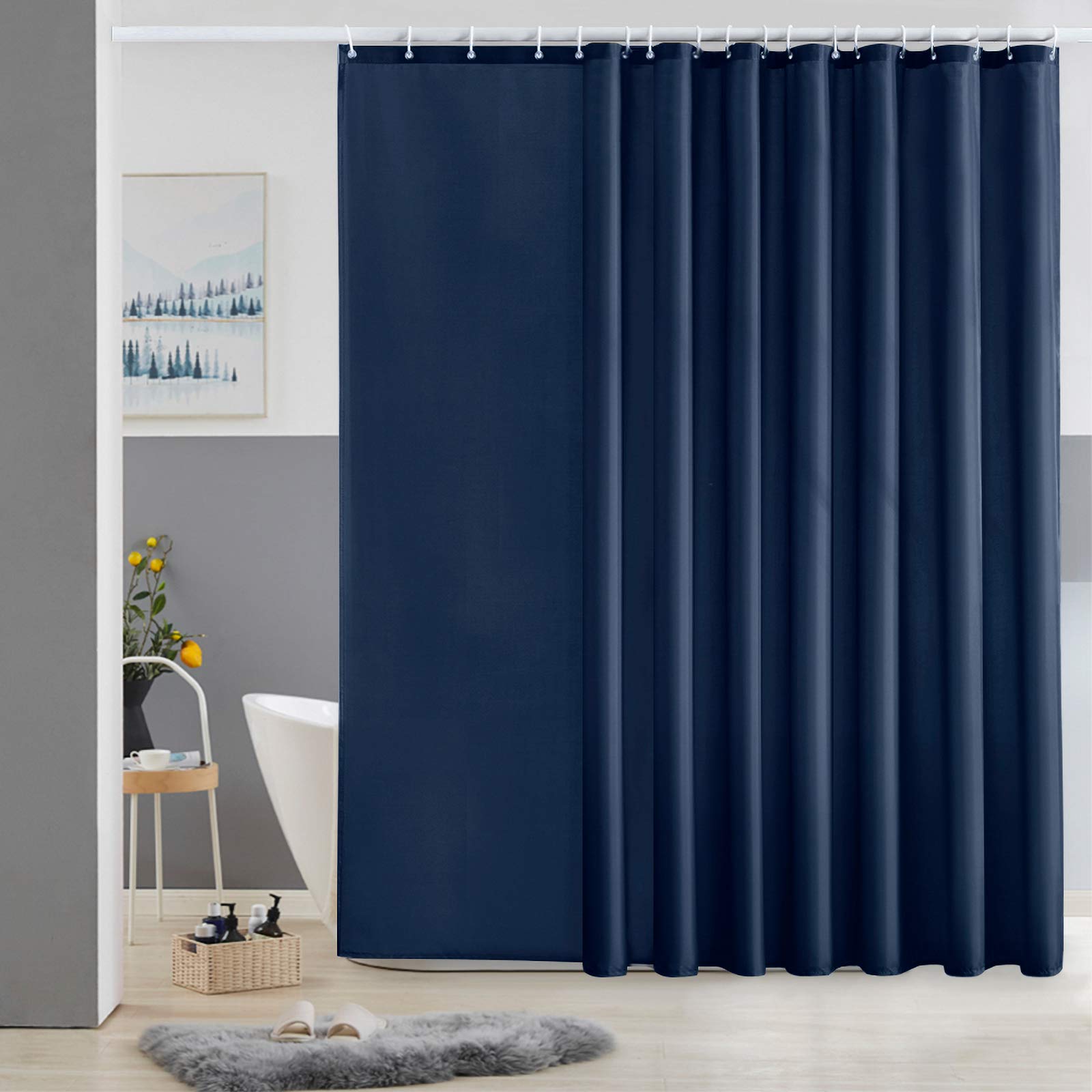 Furlinic Extra Wide Shower Curtain Fabric Washable Mould Proof Waterproof for Bathroom Bath Curtains Sets With 18 PCS Plastic Hooks Navy 108 x 72 Inch 275 x 180cm. — image 1