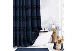 Dynamene Navy Blue Fabric Shower Curtain, Tufted Chenille Striped Textured Cloth Shower Curtains for Bathroom, Boho Farmhouse Shabby Chic Waterproof Shower Curtain Set with Hook, Wrinkle Free, 72x72