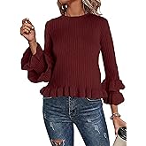 YUNLORIA Womens Fall Crew Neck Ruffle Pullover Sweaters Trendy Casual 3/4 Sleeve Ribbed Knit Sweater Tops