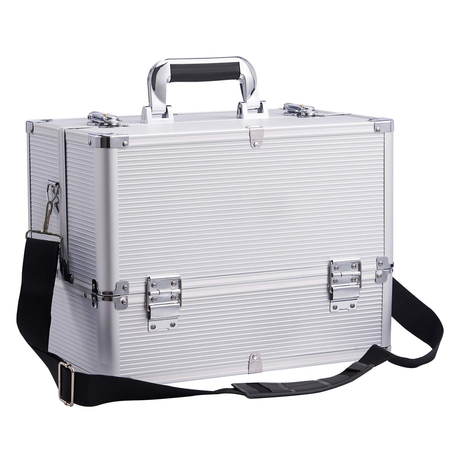 Stagiant Extra Large Makeup Case Vanity Case Make up Organiser Professional Makeup Storage Cosmetic Organiser Case Lockable Storage Box Nail Polish Organiser 6 Trays and Shoulder Strap, Silver