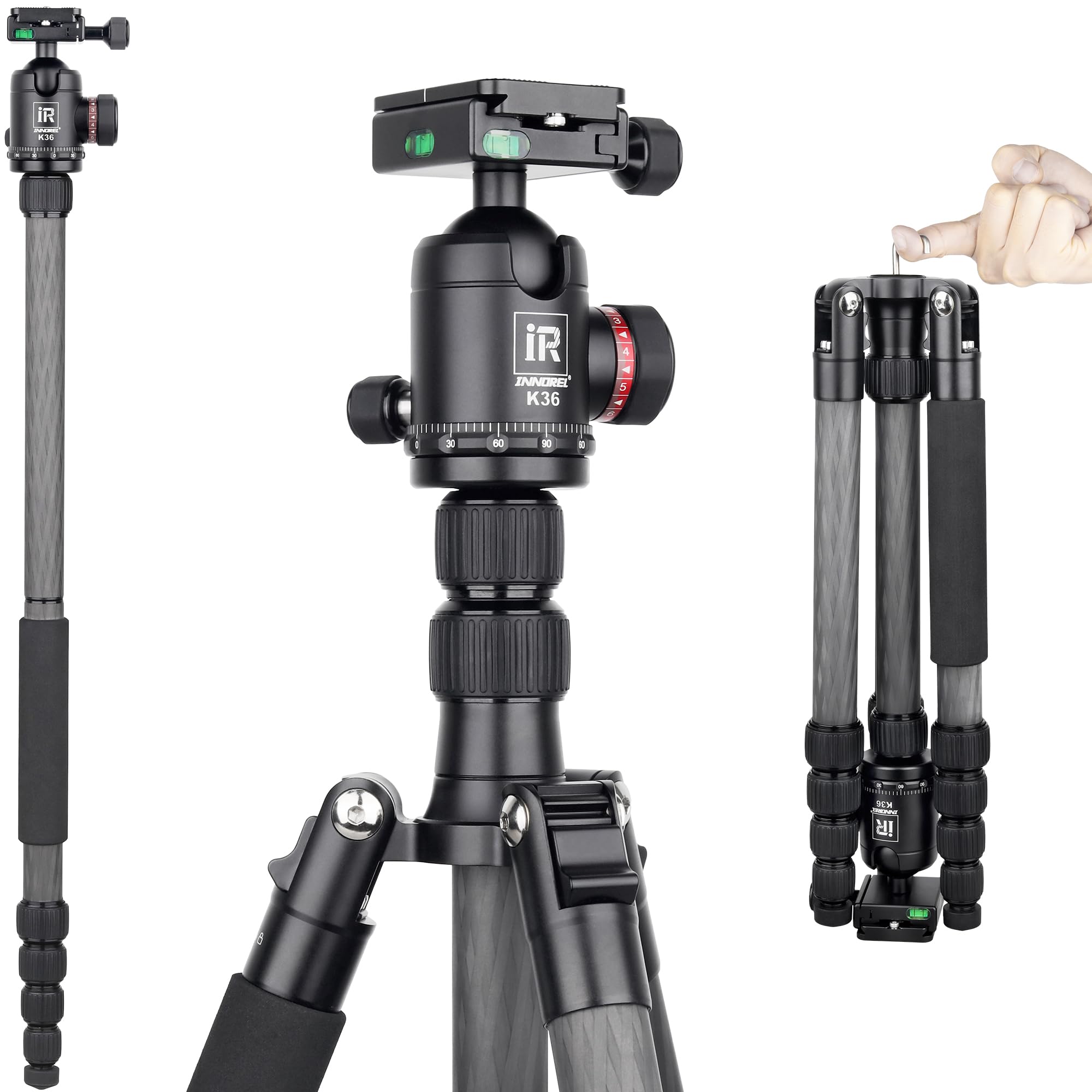 10 Layers Carbon Fiber Travel Tripod Monopod-INNOREL RT55C with 36mm panoramic Ball Head 360 Degree and Carrying Case Professional Lightweight Compact Tripods for Digital Camera Camcorder DSLR