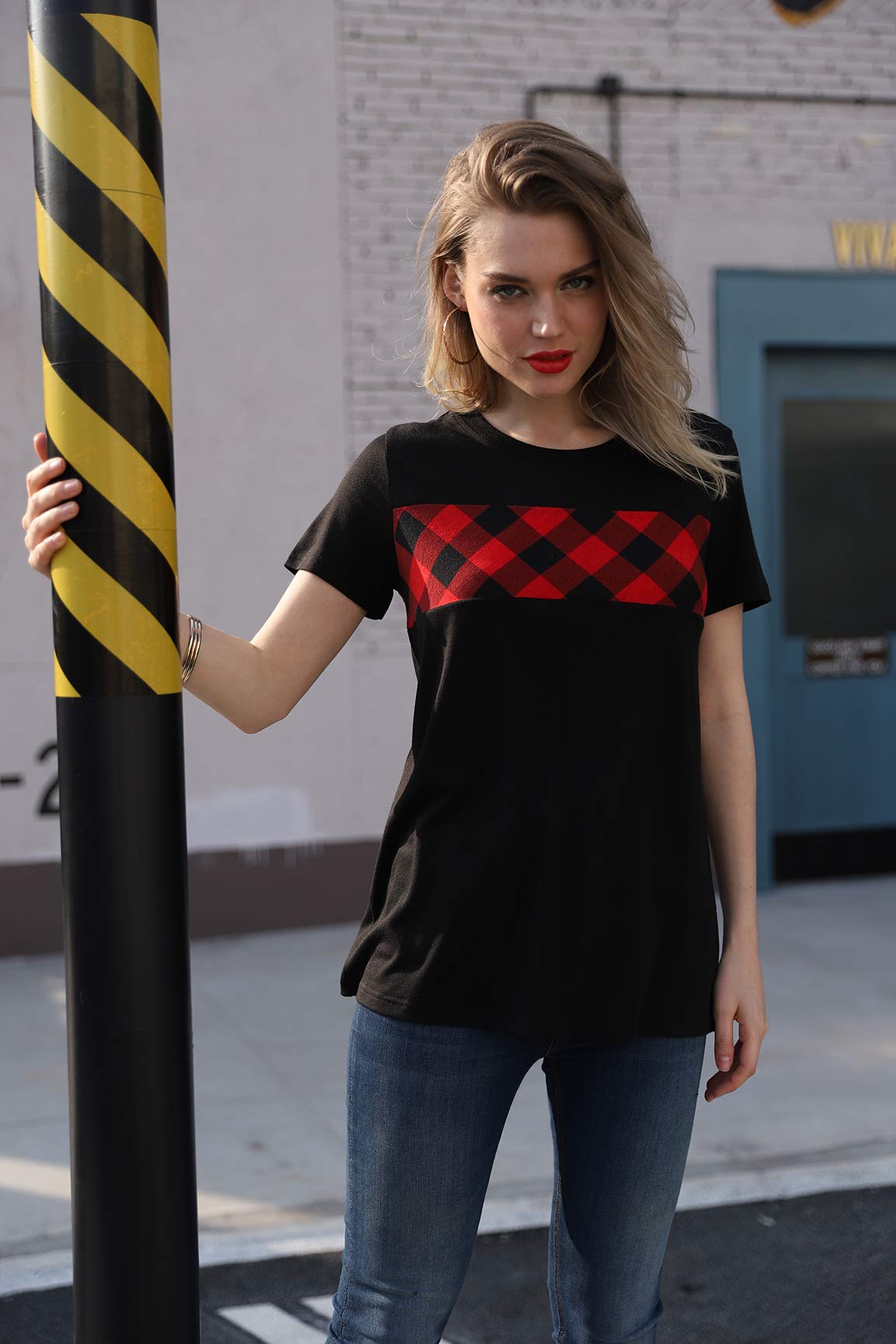 Blooming Jelly Women\'s Short Sleeve Crew Neck T Shirt Color Block Plaid Shirt Pullover Checkered Top (S, Red Plaid)